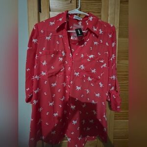 Red Button-Up Shirt with White Animal Print